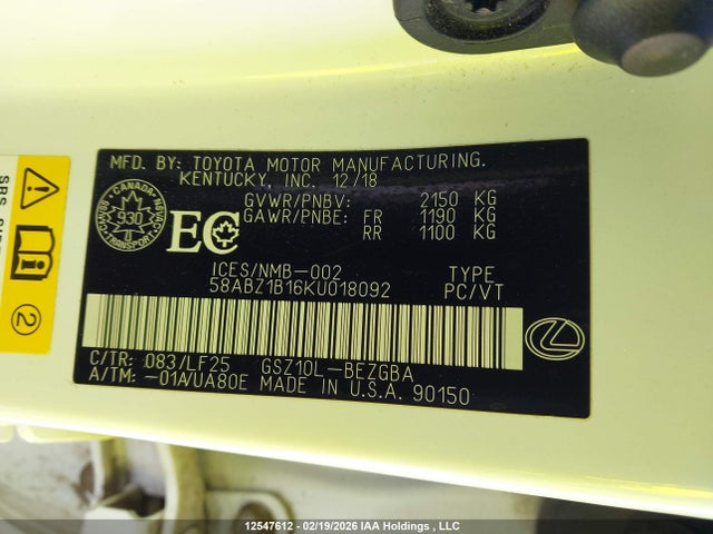 58ABZ1B16KU018092 Lexus Es 350 350