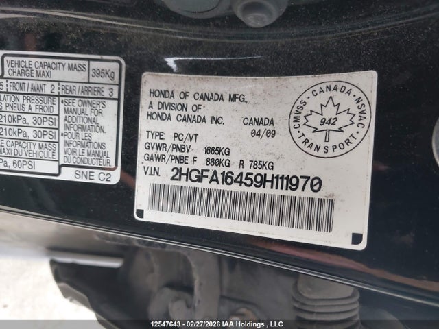 Продаж на аукціоні авто 2009 Honda Civic Dx-g, vin: 2HGFA16459H111970, номер лоту: 12547643