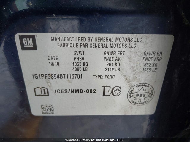 Aukcja sprzedaży 2011 Chevrolet Cruze Lt Turbo, vin: 1G1PF5S94B7116701, numer aukcji: 12547650
