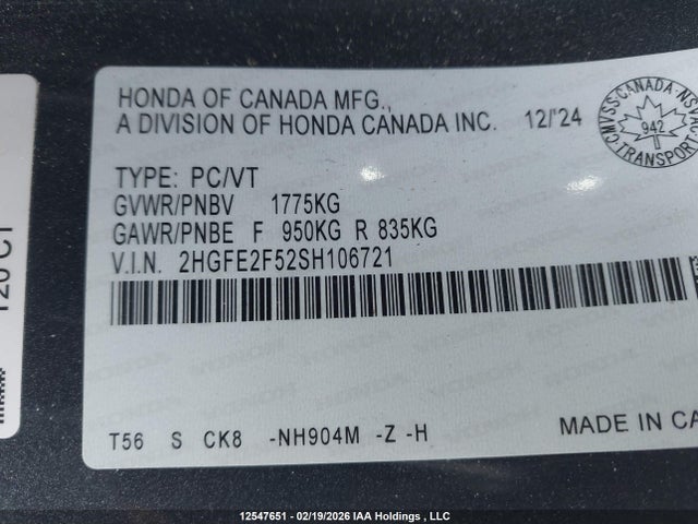 Продажа на аукционе авто 2025 Honda Civic Sport, vin: 2HGFE2F52SH106721, номер лота: 12547651
