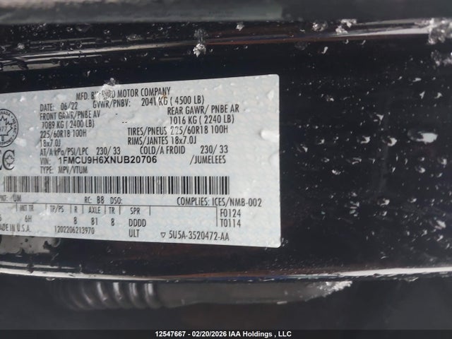 1FMCU9H6XNUB20706 Ford ESCAPE SEL
