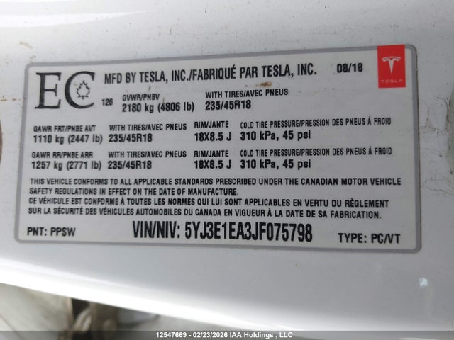 Aukcja sprzedaży 2018 Tesla Model 3, vin: 5YJ3E1EA3JF075798, numer aukcji: 12547669