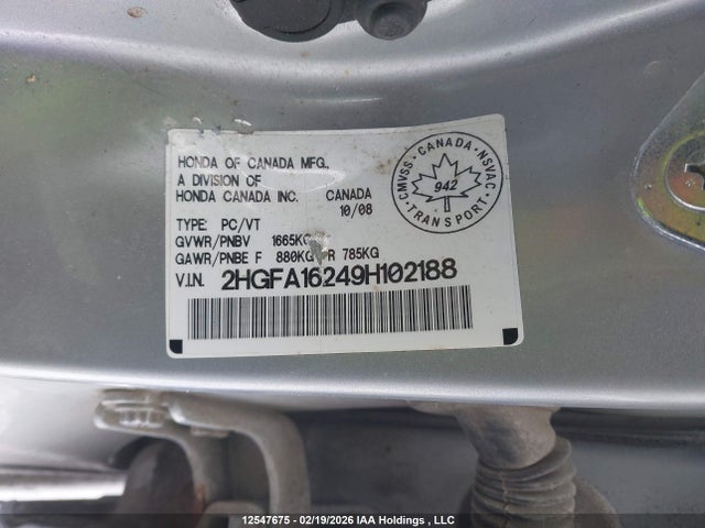 12547675 :رقم المزاد ، 2HGFA16249H102188 vin ، 2009 Honda Civic Dx/dx-a مزاد بيع