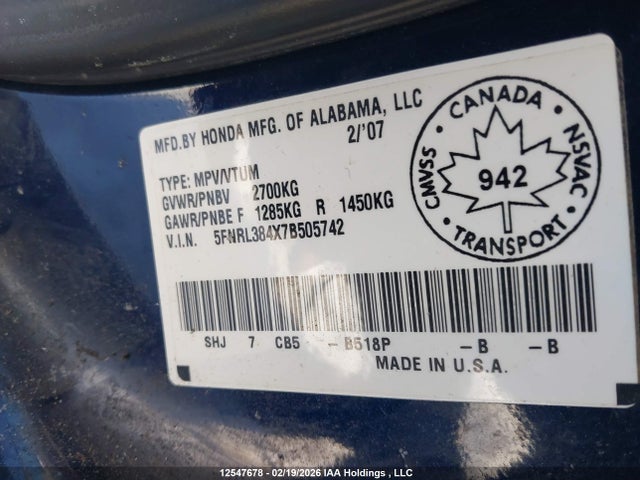 Продаж на аукціоні авто 2007 Honda Odyssey Ex, vin: 5FNRL384X7B505742, номер лоту: 12547678