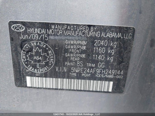 5NPE24AF9FH249144 Hyundai SONATA SE
