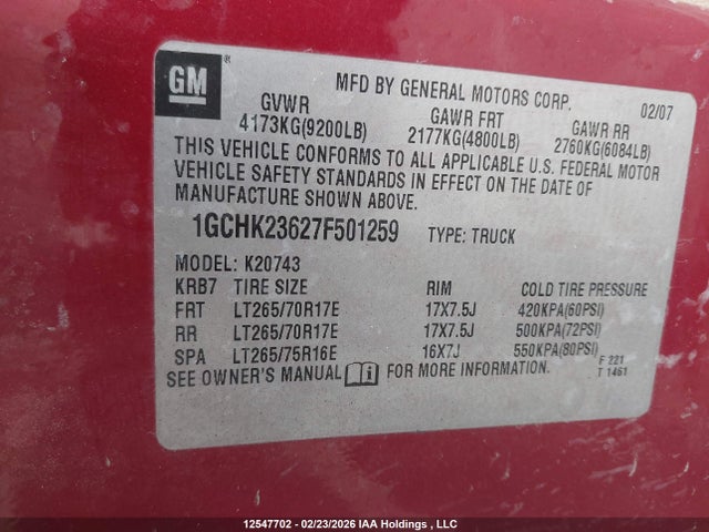 2007 Chevrolet Silverado K2500 Heavy Duty მანქანა იყიდება აუქციონზე, vin: 1GCHK23627F501259, აუქციონის ნომერი: 12547702