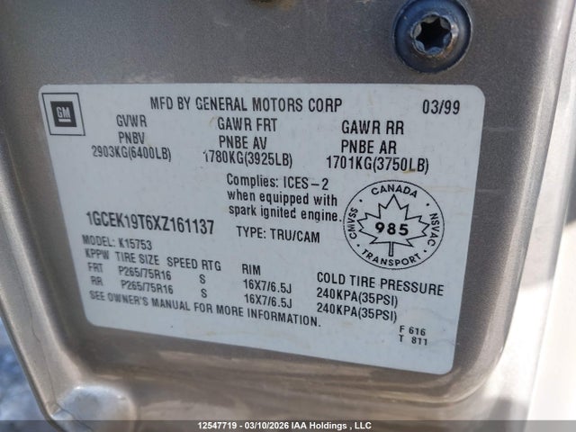 12547719 :رقم المزاد ، 1GCEK19T6XZ161137 vin ، 1999 Chevrolet Silverado 1500 Ls/lt مزاد بيع