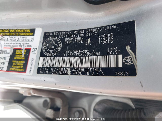 Продажа на аукционе авто 2012 Toyota Camry Le, vin: 4T1BF1FKXCU098999, номер лота: 12547722