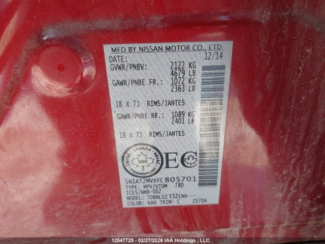Продажа на аукционе авто 2015 Nissan Rogue S/sl/sv, vin: 5N1AT2MVXFC805701, номер лота: 12547725