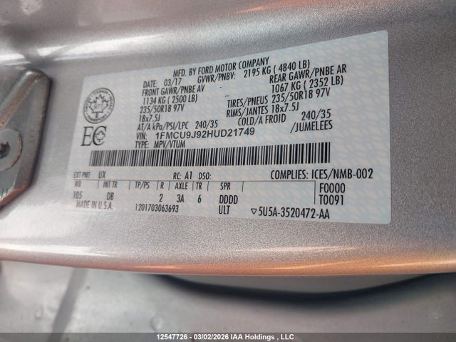 Aukcja sprzedaży 2017 Ford Escape, vin: 1FMCU9J92HUD21749, numer aukcji: 12547726