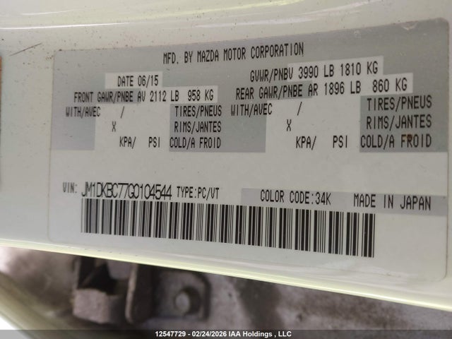 12547729 :رقم المزاد ، JM1DKBC77G0104544 vin ، 2016 Mazda Cx-3 Gs مزاد بيع