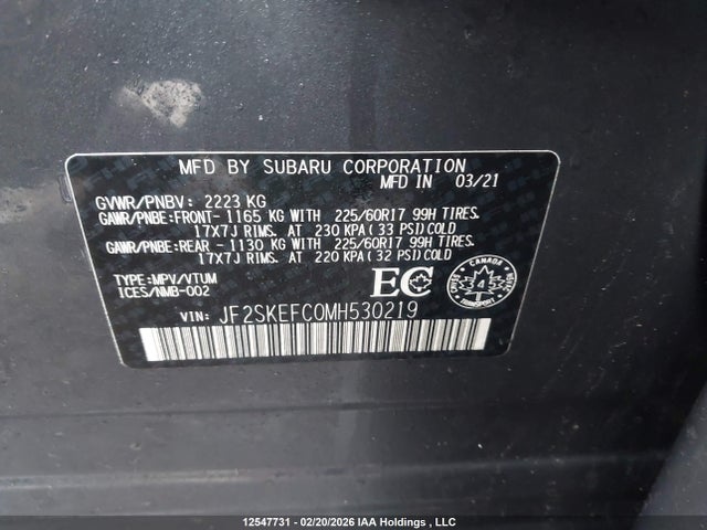 Aukcja sprzedaży 2021 Subaru Forester Convenience, vin: JF2SKEFC0MH530219, numer aukcji: 12547731