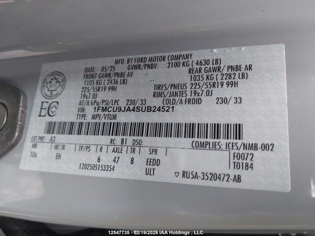 Aukcja sprzedaży 2025 Ford Escape Platinum, vin: 1FMCU9JA4SUB24521, numer aukcji: 12547735