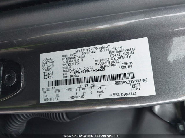 12547737 :رقم المزاد ، 1FTFW1E89NFA54933 vin ، 2022 Ford F-150 Lariat مزاد بيع