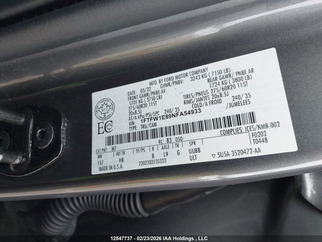 12547737 :رقم المزاد ، 1FTFW1E89NFA54933 vin ، 2022 Ford F-150 Lariat مزاد بيع
