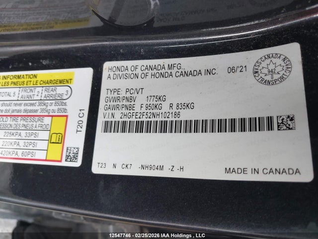Продажа на аукционе авто 2022 Honda Civic Sport, vin: 2HGFE2F52NH102186, номер лота: 12547746