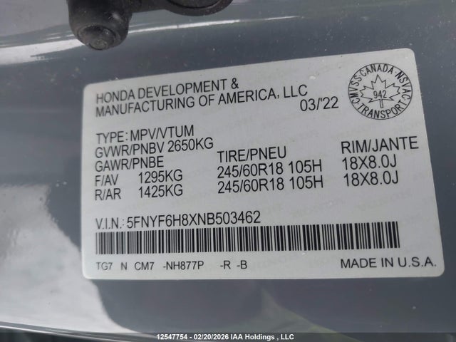 Auction sale of the 2022 Honda Pilot Trailsport, vin: 5FNYF6H8XNB503462, lot number: 12547754
