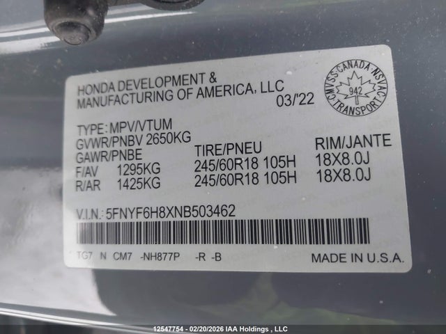 Auction sale of the 2022 Honda Pilot Trailsport, vin: 5FNYF6H8XNB503462, lot number: 12547754