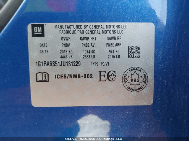 1G1RA6S51JU131229 Chevrolet VOLT LT