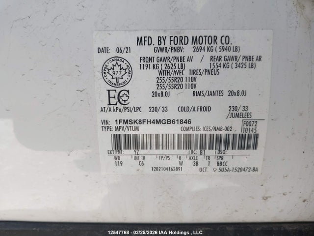 Продажа на аукционе авто 2021 Ford Explorer Limited, vin: 1FMSK8FH4MGB61846, номер лота: 12547768
