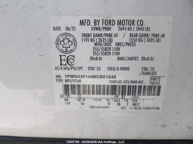 Продажа на аукционе авто 2021 Ford Explorer Limited, vin: 1FMSK8FH4MGB61846, номер лота: 12547768