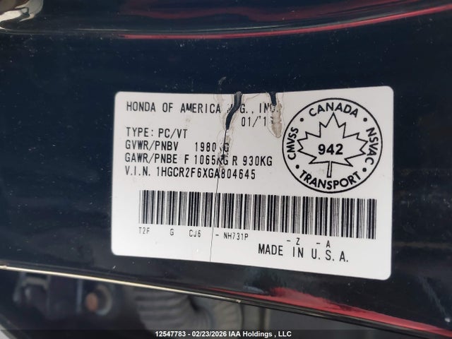 1HGCR2F6XGA804645 Honda Accord Sport