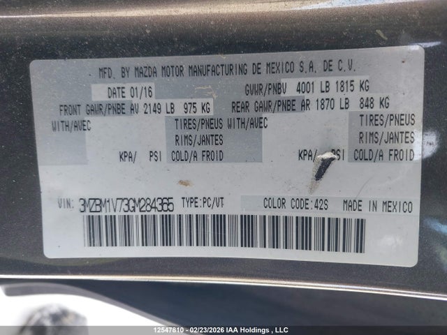 2016 Mazda 3 Touring მანქანა იყიდება აუქციონზე, vin: 3MZBM1V73GM284365, აუქციონის ნომერი: 12547810