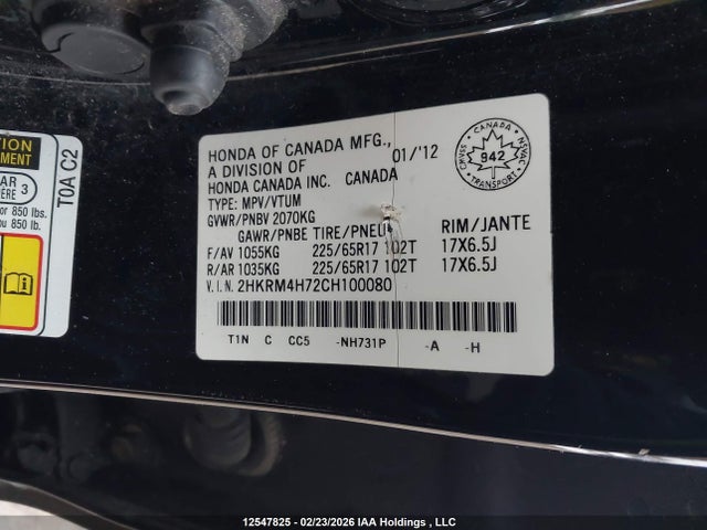 12547825 :رقم المزاد ، 2HKRM4H72CH100080 vin ، 2012 Honda Cr-v Ex-l مزاد بيع