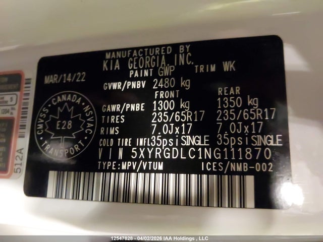 5XYRGDLC1NG111870 KIA SORENTO LX
