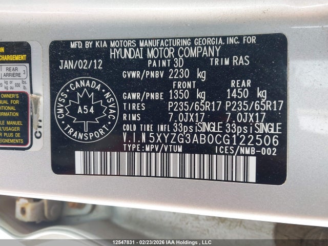Aukcja sprzedaży 2012 Hyundai Santa Fe Gls, vin: 5XYZG3AB0CG122506, numer aukcji: 12547831
