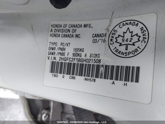 Продаж на аукціоні авто 2016 Honda Civic Lx, vin: 2HGFC2F58GH021508, номер лоту: 12547837