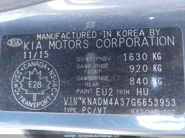12547867 :رقم المزاد ، KNADM4A37G6653953 vin ، 2016 Kia Rio Ex/ex+ W/sunroof/lx/lx+/lx+ Eco/sx مزاد بيع