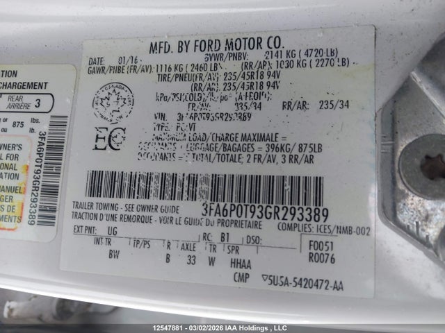 Aukcja sprzedaży 2016 Ford Fusion Se, vin: 3FA6P0T93GR293389, numer aukcji: 12547881