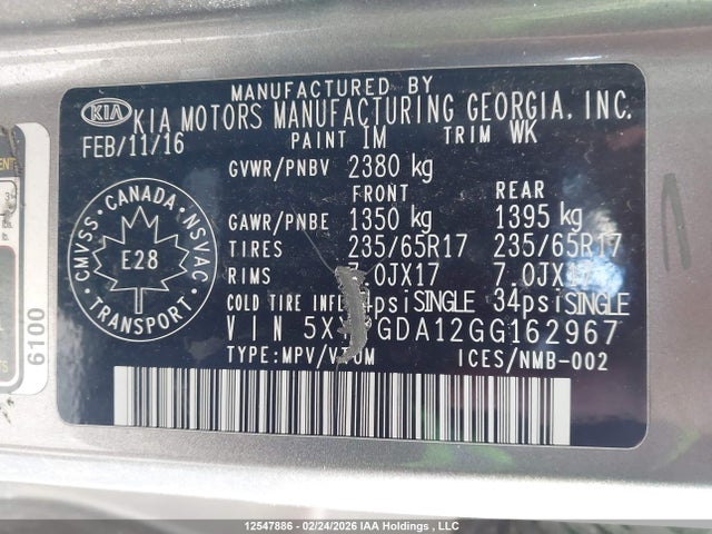 5XYPGDA12GG162967 KIA Sorento 2.0l Ex/2.0l Lx+
