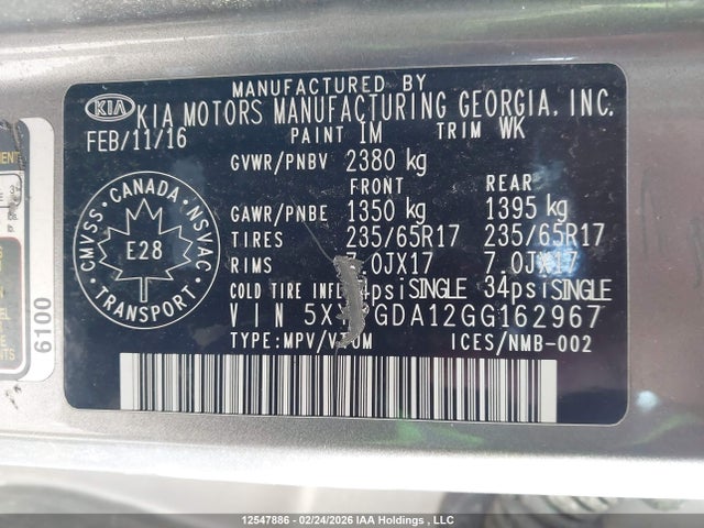 5XYPGDA12GG162967 KIA Sorento 2.0l Ex/2.0l Lx+