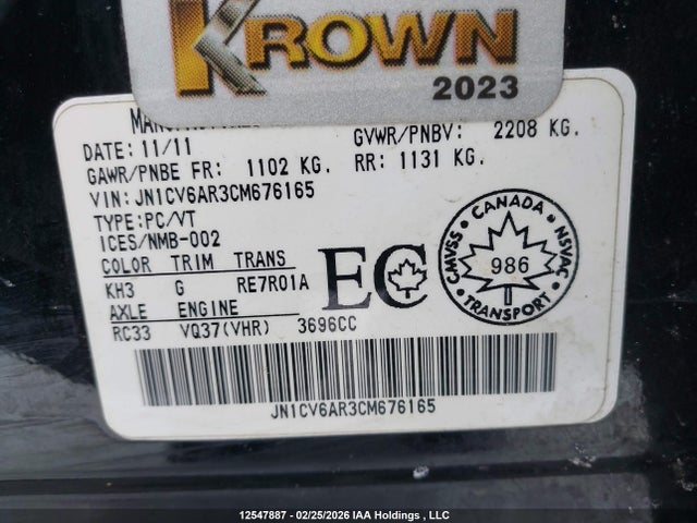12547887 :رقم المزاد ، JN1CV6AR3CM676165 vin ، 2012 Infiniti G37x مزاد بيع