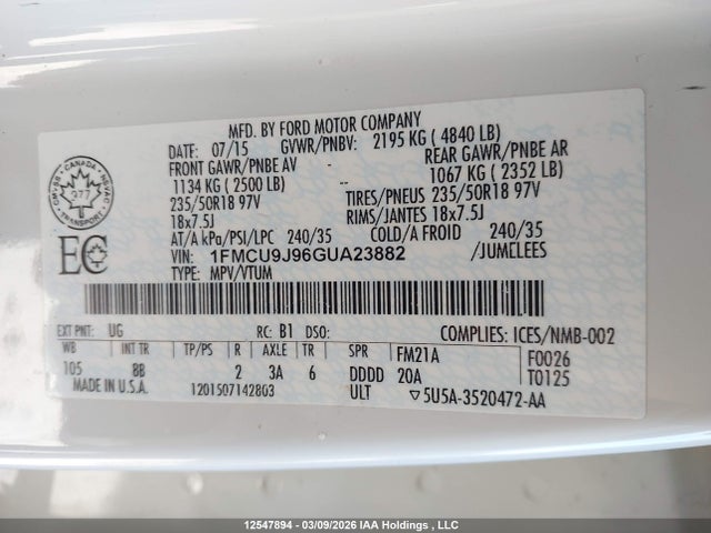 12547894 :رقم المزاد ، 1FMCU9J96GUA23882 vin ، 2016 Ford Escape مزاد بيع