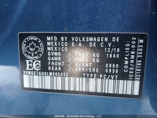12547908 :رقم المزاد ، 3VWG57AU8LM005035 vin ، 2020 Volkswagen Golf مزاد بيع