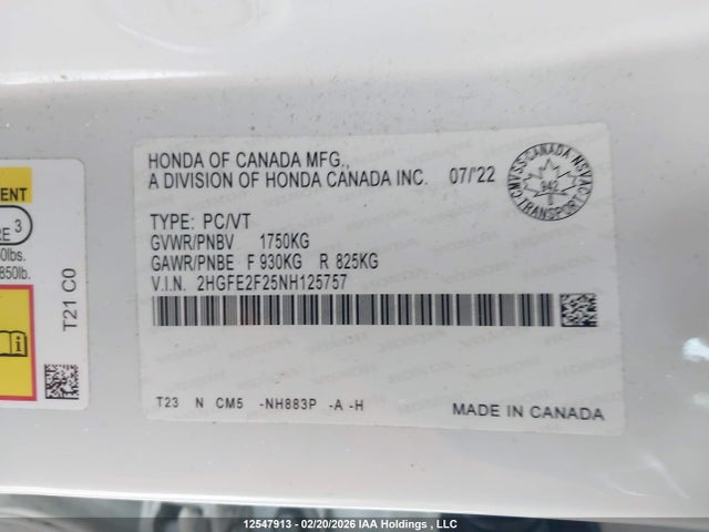 2HGFE2F25NH125757 Honda Civic Lx