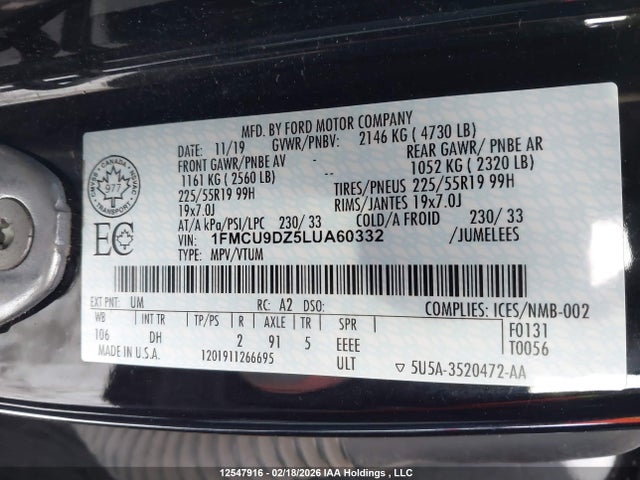 Ford Escape Hybrid 2020 1FMCU9DZ5LUA60332 Image 19
