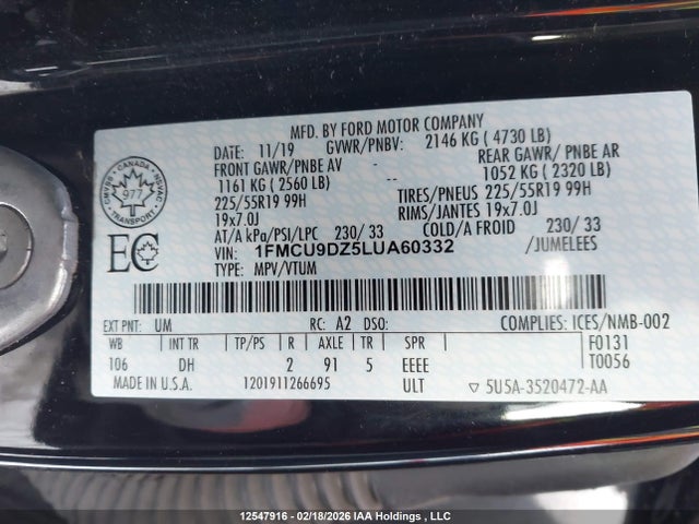 Ford Escape Hybrid 2020 1FMCU9DZ5LUA60332 Image 9