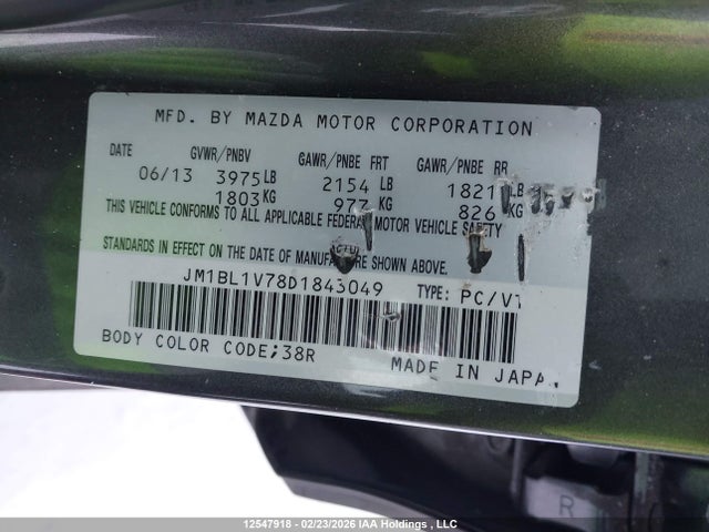 Aukcja sprzedaży 2013 Mazda Mazda3, vin: JM1BL1V78D1843049, numer aukcji: 12547918