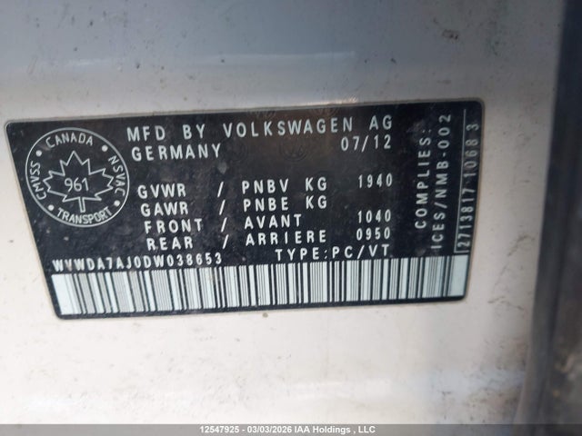 Продажа на аукционе авто 2013 Volkswagen Golf, vin: WVWDA7AJ0DW038653, номер лота: 12547925