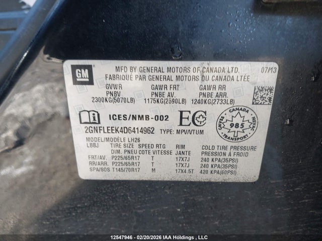 12547946 :رقم المزاد ، 2GNFLEEK4D6414962 vin ، 2013 Chevrolet Equinox 1lt مزاد بيع