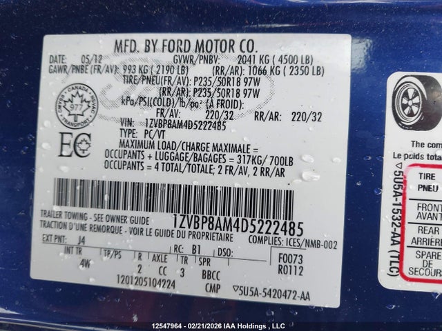 2013 Ford Mustang მანქანა იყიდება აუქციონზე, vin: 1ZVBP8AM4D5222485, აუქციონის ნომერი: 12547964