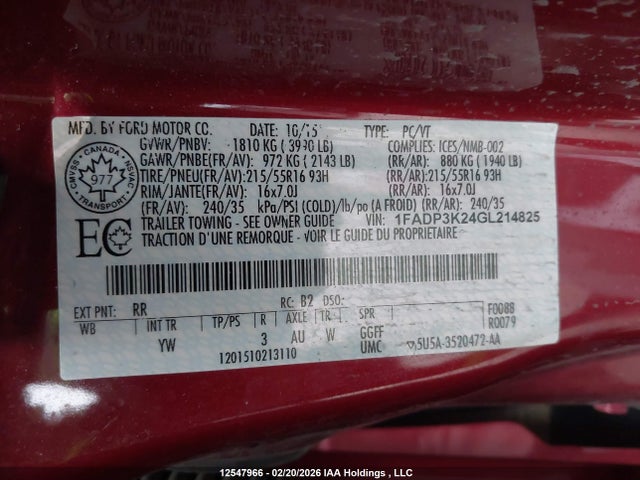 12547966 :رقم المزاد ، 1FADP3K24GL214825 vin ، 2016 Ford Focus مزاد بيع