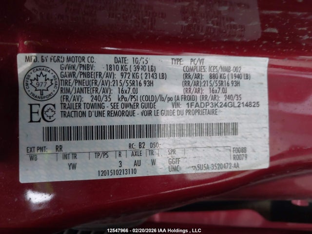 12547966 :رقم المزاد ، 1FADP3K24GL214825 vin ، 2016 Ford Focus مزاد بيع