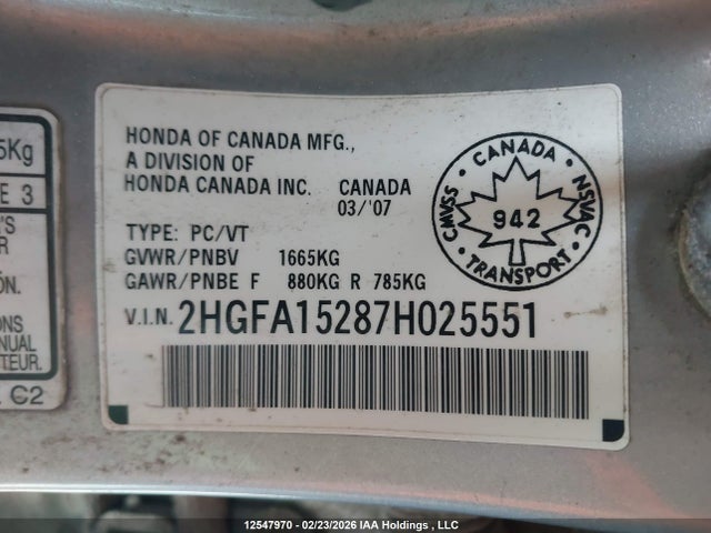 Aukcja sprzedaży 2007 Honda Civic Dx, vin: 2HGFA15287H025551, numer aukcji: 12547970