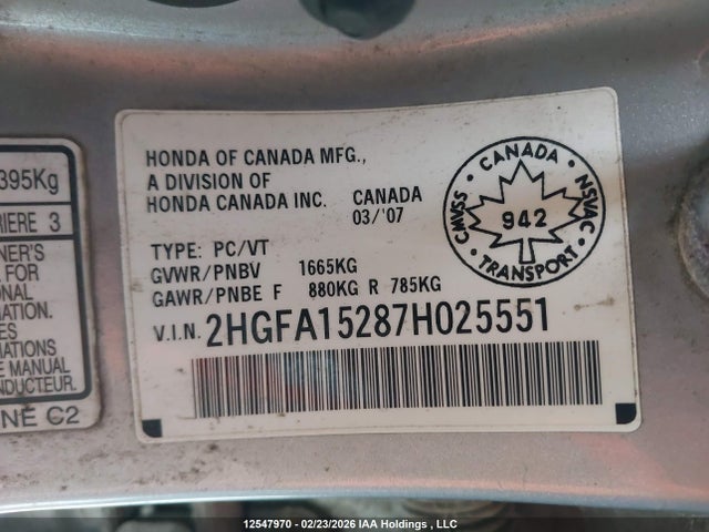 Aukcja sprzedaży 2007 Honda Civic Dx, vin: 2HGFA15287H025551, numer aukcji: 12547970