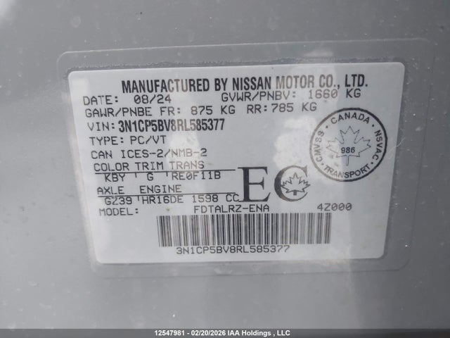 3N1CP5BV8RL585377 Nissan KICKS S